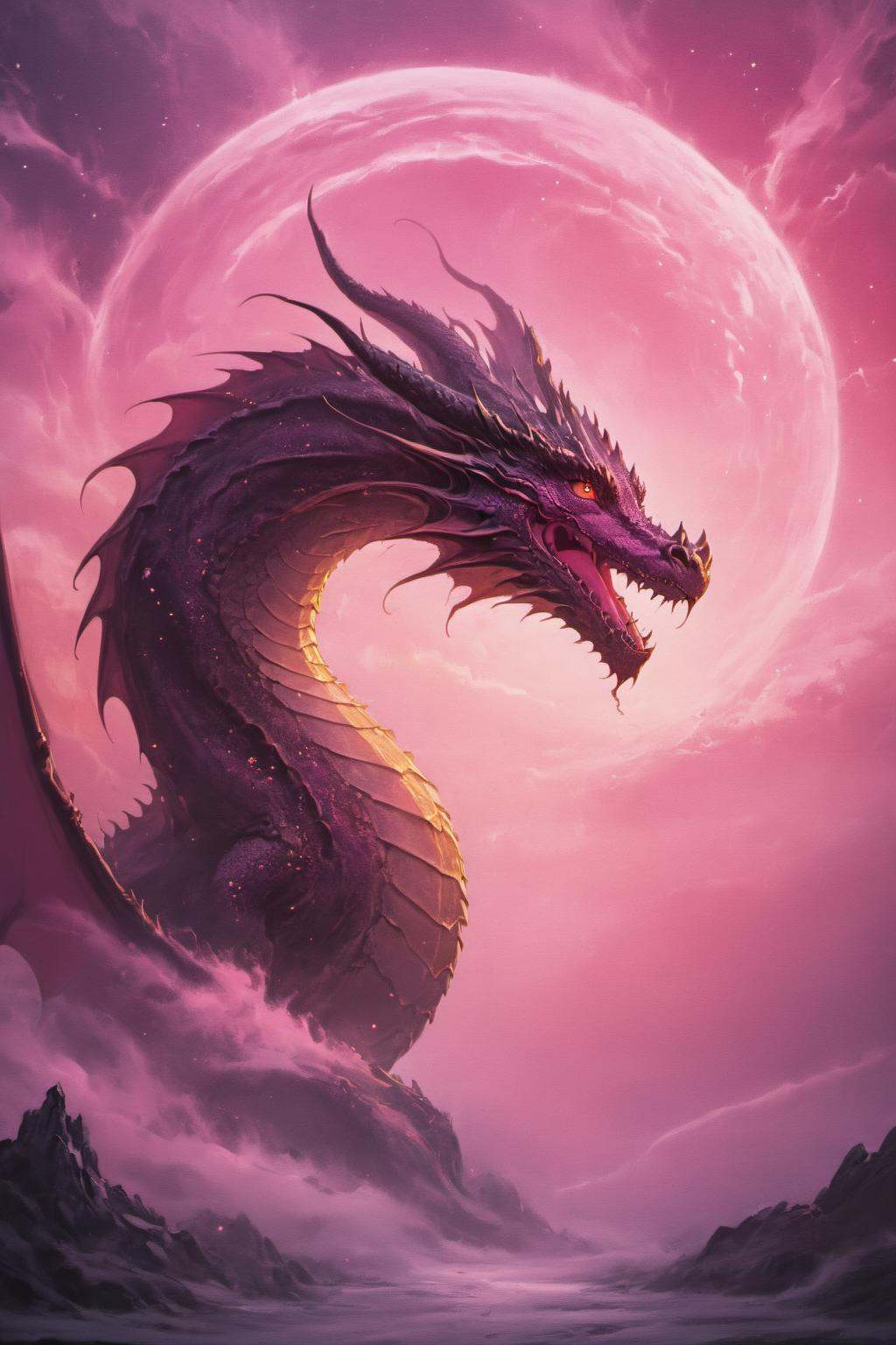 cosmic canvas,  pink sky background,  painting of a dragon on Tensor.Art