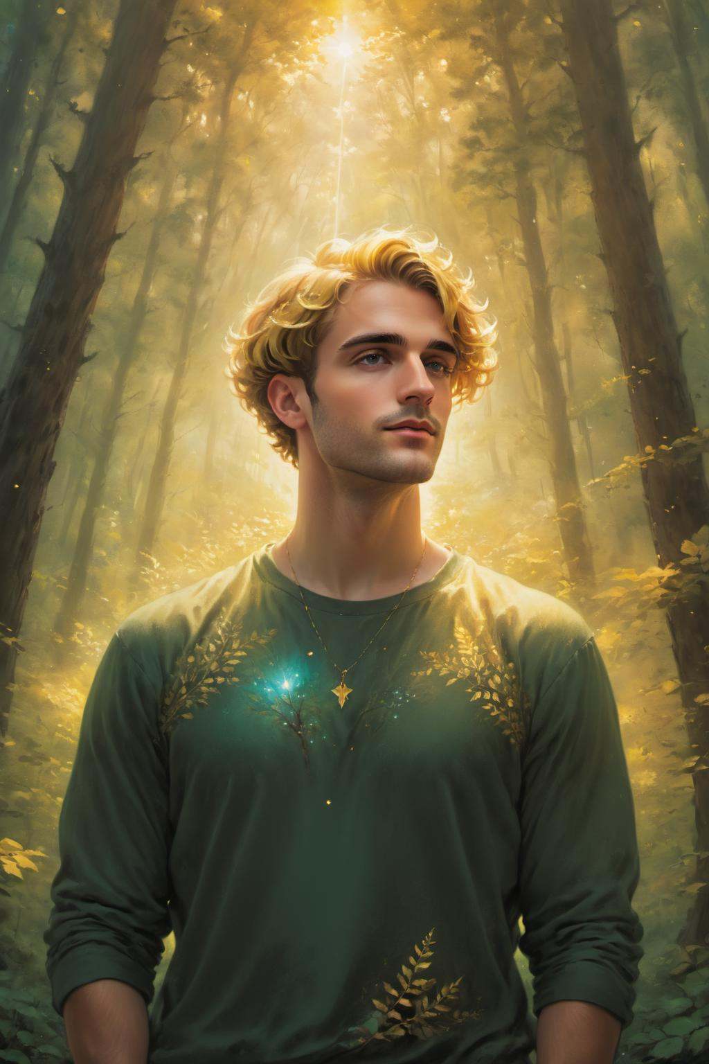 cosmic canvas,  forest background,  painting of a handsome man on Tensor.Art