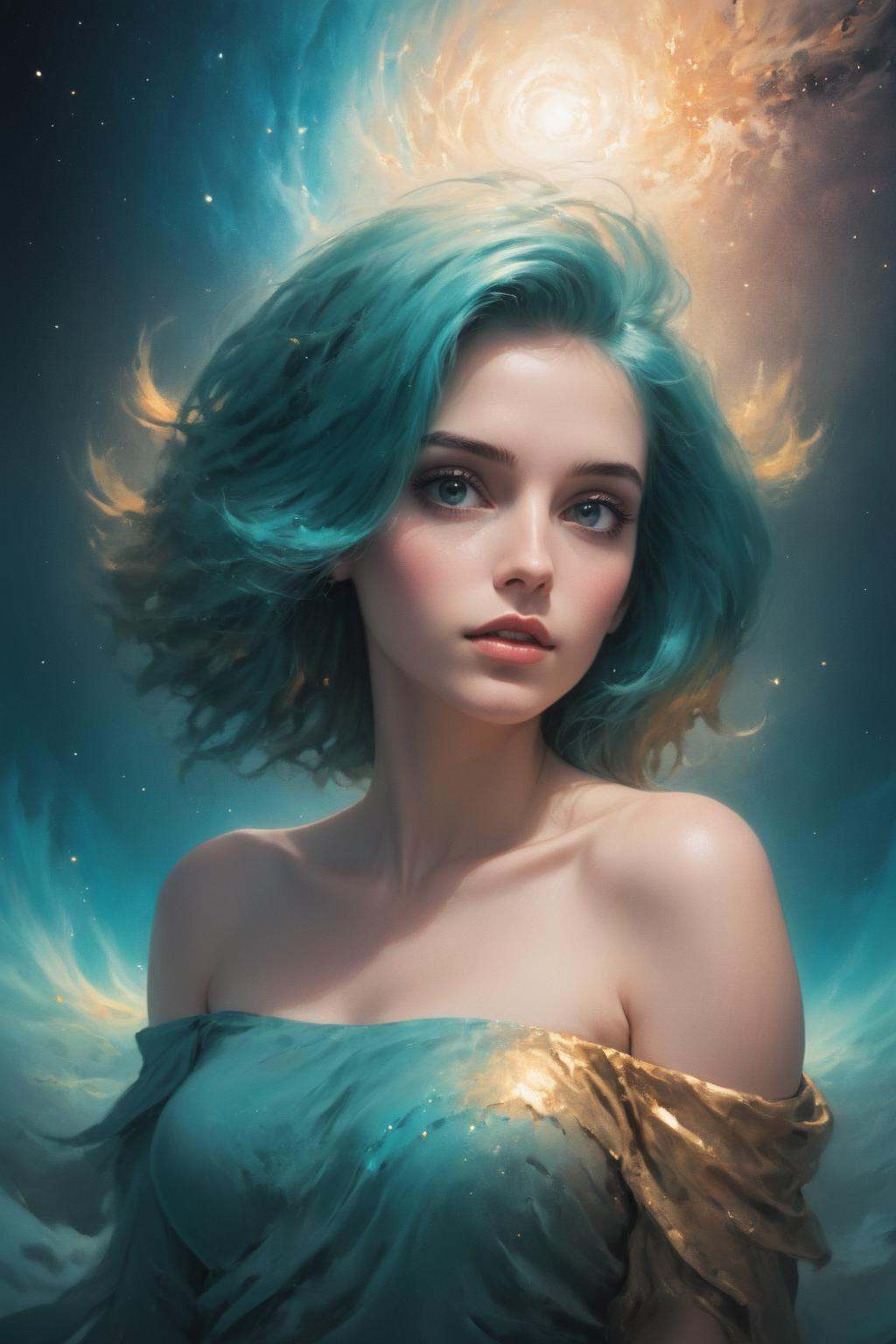 cosmic canvas,  Turquoise hair galaxy background,  painting of a woman on Tensor.Art