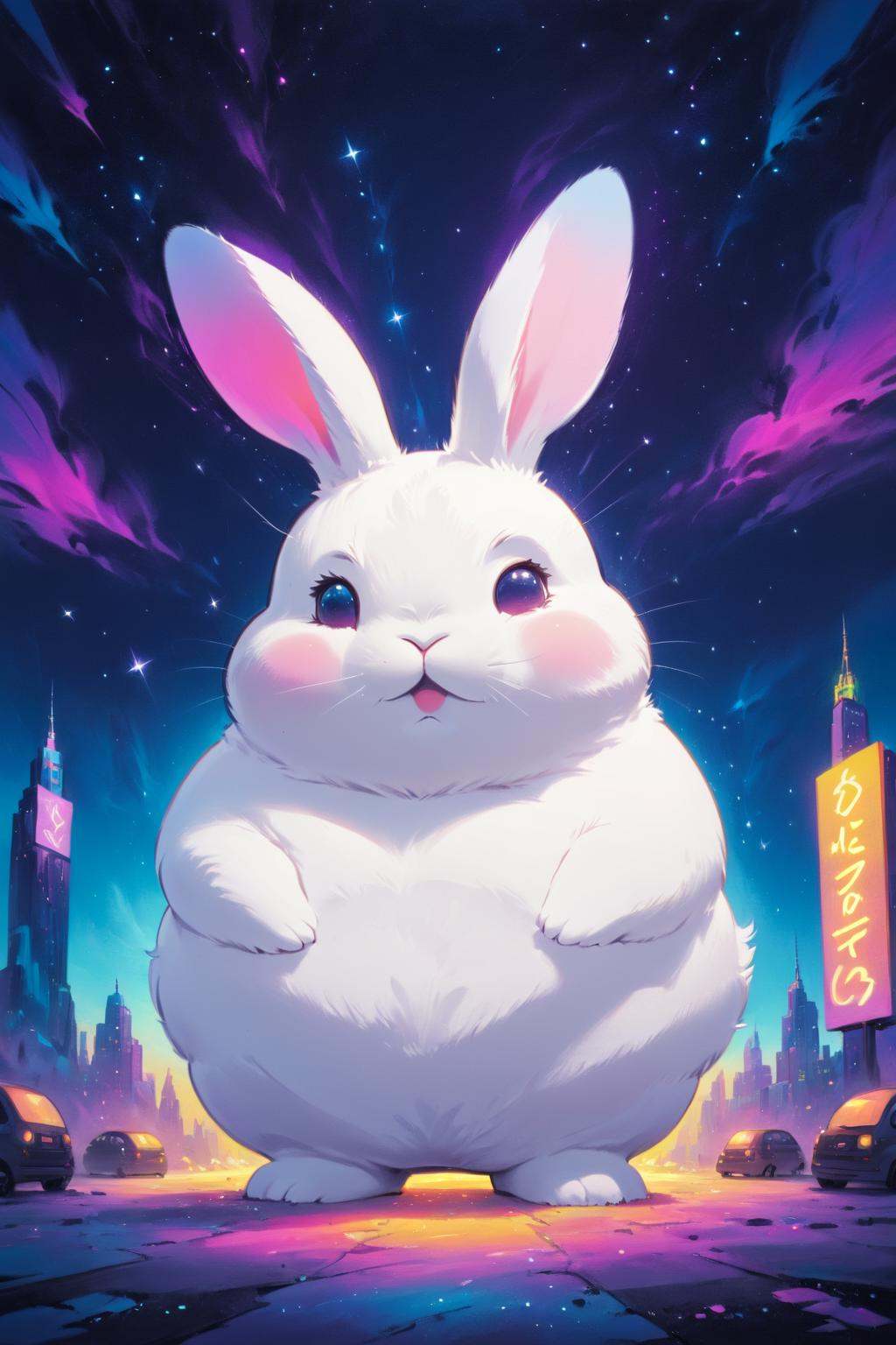 cosmic canvas,  neon city background,  painting of a chubby rabbit on Tensor.Art