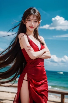  Blue Sky and White Cloud Beach,DSLR, (Good structure), HDR, UHD, 8K, A real person, Highly detailed, best quality, masterpiece, 1girl, realistic, Highly detailed, (EOS R8, 50mm, F1.2, 8K, RAW photo:1.2), ultra realistic 8k, ( solo, 1girl, , Wind, flowing hair, kind smile, , pose for picture, Dynamic pose, looking_at_viewer,  Detail,
sufei, dress,red dress