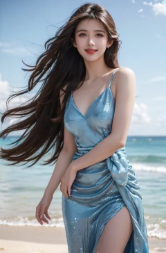  Blue Sky and White Cloud Beach,DSLR, (Good structure), HDR, UHD, 8K, A real person, Highly detailed, best quality, masterpiece, 1girl, realistic, Highly detailed, (EOS R8, 50mm, F1.2, 8K, RAW photo:1.2), ultra realistic 8k, ( solo, 1girl, , Wind, flowing hair, kind smile, , pose for picture, Dynamic pose, looking_at_viewer, Detail,
sufei, dress,blue dress