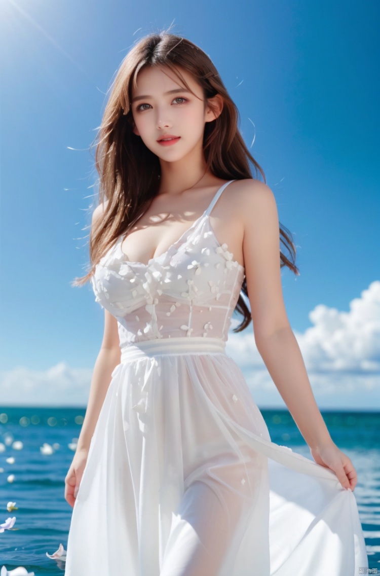  DSLR,full body, depth of field, (1girl:1.2), , very long hair, low twintails, yellow eyes, light smile, looking at viewer, white shirt, white skirt, (flying white chiffon:1.5), bare shoulder, (flying blue petals:1.2), (standing above water surface), sky background, (cloud:1.2), white bird, floating water drops, (white border:1.2) , 
backlight, ,, taoist robe, ll-hd,(((large breasts)), depth of field, sufei