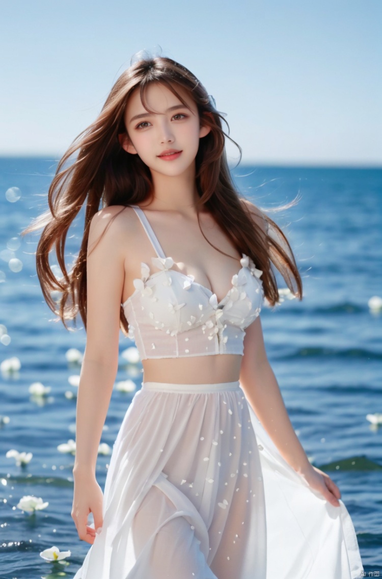  DSLR,full body, depth of field, (1girl:1.2), , very long hair, low twintails, yellow eyes, light smile, looking at viewer, white shirt, white skirt, (flying white chiffon:1.5), bare shoulder, (flying blue petals:1.2), (standing above water surface), sky background, (cloud:1.2), white bird, floating water drops, (white border:1.2) , 
backlight, ,, taoist robe, ll-hd,(((large breasts)), depth of field,  sufei