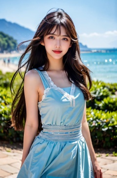  Blue Sky and White Cloud Beach,DSLR, (Good structure), HDR, UHD, 8K, A real person, Highly detailed, best quality, masterpiece, 1girl, realistic, Highly detailed, (EOS R8, 50mm, F1.2, 8K, RAW photo:1.2), ultra realistic 8k, ( solo, 1girl, , Wind, flowing hair, kind smile, , pose for picture, Dynamic pose, looking_at_viewer,  Detail,
sufei, dress