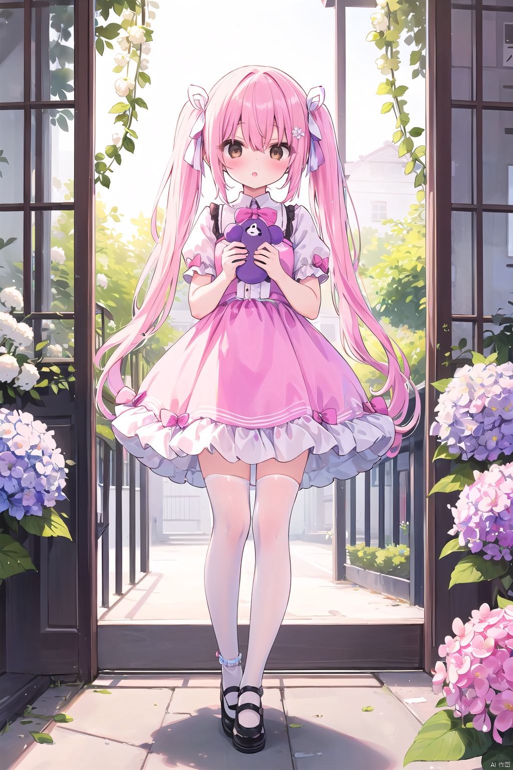 1girl,  blush,  bow,  brown eyes,  eyebrows visible through hair,  flower,  full body,  hair between eyes,  hair ribbon,  holding,  holding flower,  hydrangea,  lily \(flower\),  lily of the valley,  long hair,  looking at viewer,  parted lips,  pink flower,  puffy short sleeves,  puffy sleeves,  purple bow,  purple flower,  purple ribbon,  ribbon,  shoes,  skirt,  socks,  solo,  standing,  stuffed animal,  stuffed toy,  twintails,  very long hair,  white flower,  (white legwear)