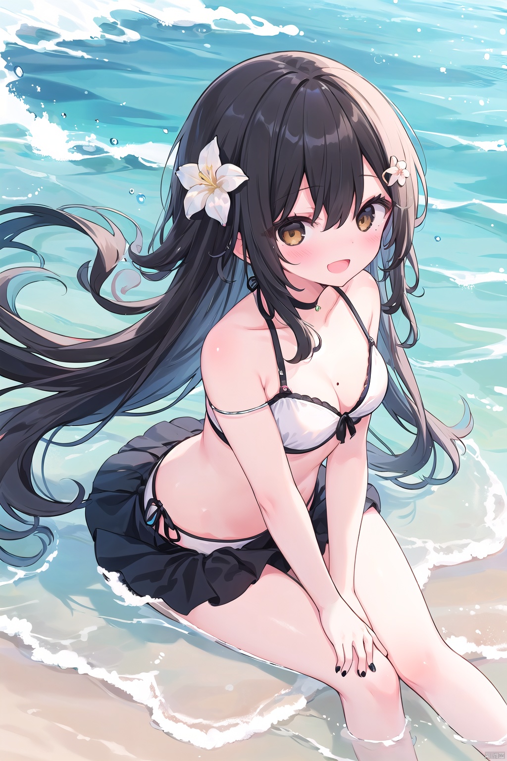 1girl, :d, bare legs, bare shoulders, beach, sea, bikini, bikini skirt, black hair, black nails, blush, brown eyes, yellow eyes, cleavage, day, eyebrows visible through hair, floating hair, flower, hair between eyes, hair flower, hair ornament, horizon, jewelry, long hair, looking at viewer, medium breasts, mole under eye, nail polish, ocean, open mouth, outdoors, sand, smile, solo, swimsuit, thighs, toenail polish, very long hair, water, waves, wet, white bikini, white flower