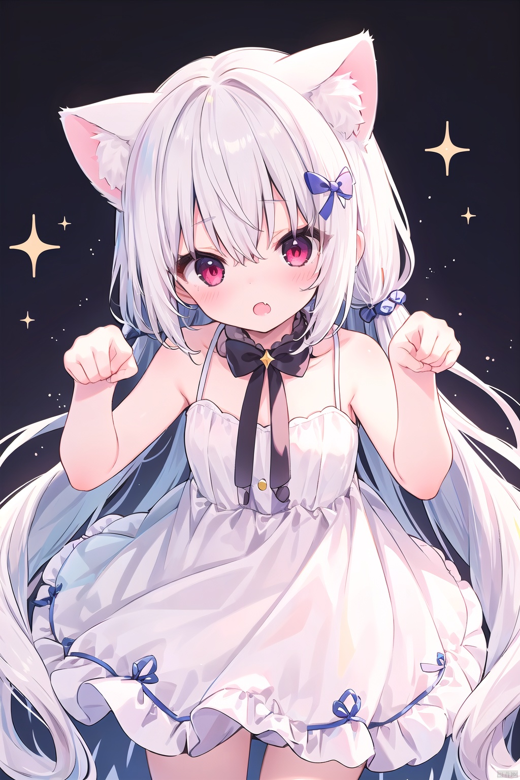1girl, :o, cat ears, (fang), bare arms, bare shoulders, blush, bow, dress, eyebrows visible through hair, hair between eyes, hair bow, white hair, (long hair), looking at viewer, paw pose, red eyes, sleeveless, sleeveless dress, solo, very long hair, white dress, yellow bow, yellow ribbon, sparkle