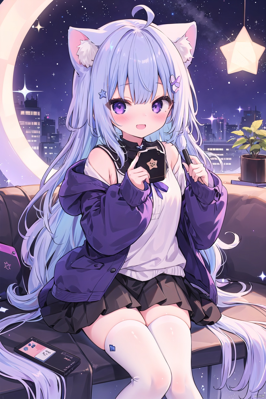 1girl,  cat ears,  blush,  bow,  cat girl,  cat tail,  jacket,  long hair,  looking at viewer,  (multicolored hair:1.2),  off shoulder,  open clothes,  pleated skirt,  purple eyes,  purple hair,  ahoge,  blue hair,  ribbon,  shirt,  skirt,  tail,  (white thighhighs),  (white legwear),  very long hair,  virtual youtuber,  smile,  (star \(symbol\)),  sparkle,  nebula