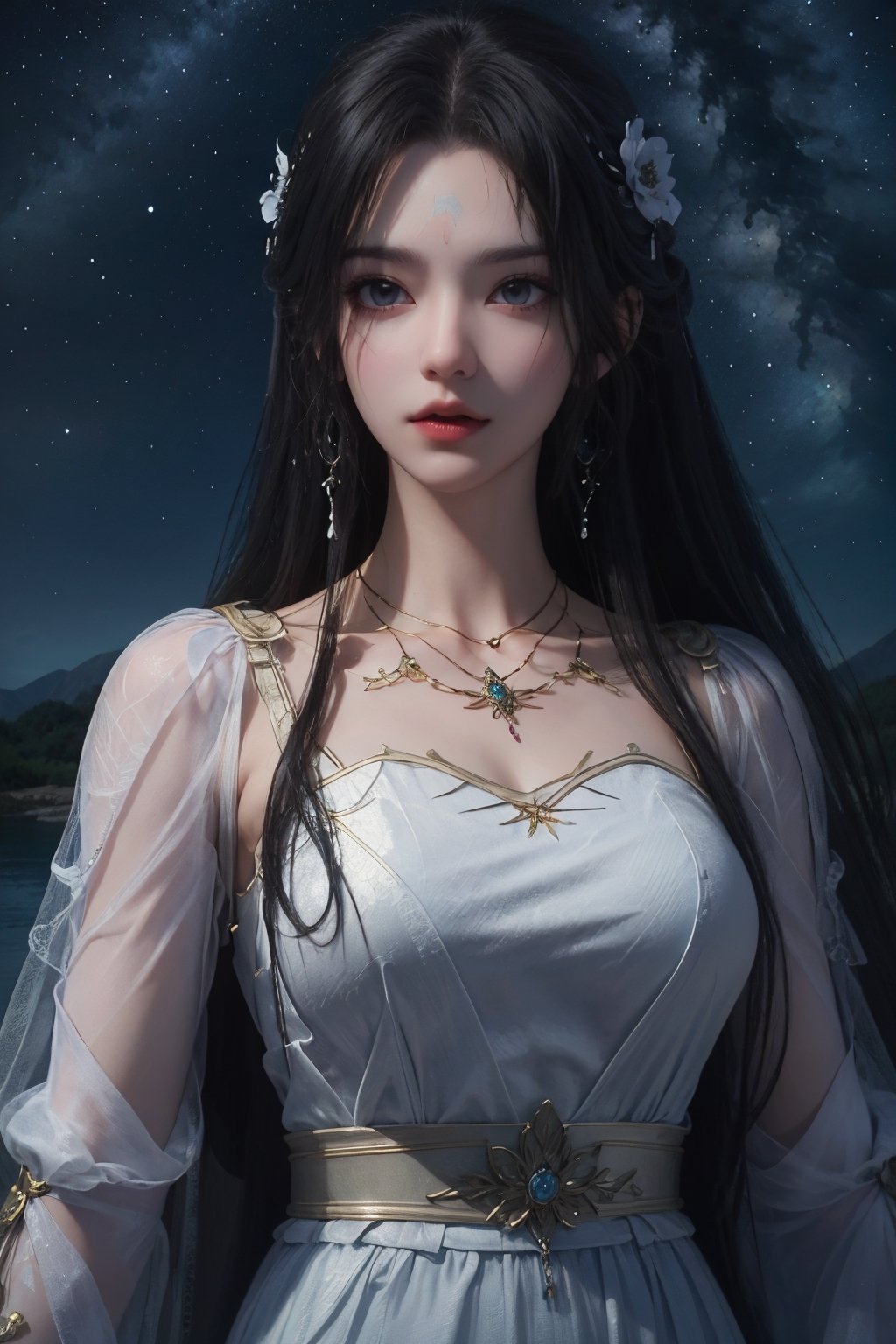 masterpiece,best quality,official art,extremely detailed CG unity 8k wallpaper,realistic,1girl,upper body,white dress,looking at viewer,forehead mark,starry background,river,<lora:清漪:0.55>,