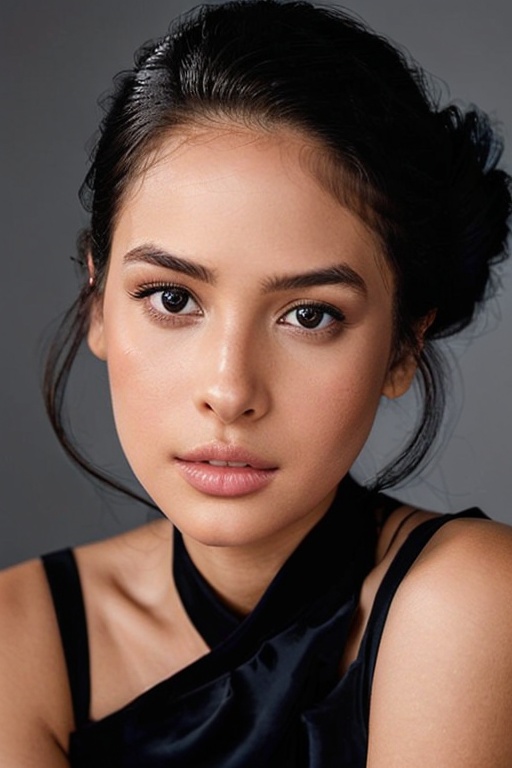 A detailed portrait of a young woman exuding elegance and natural grace. She has a voluminous updo hairstyle with wisps of...