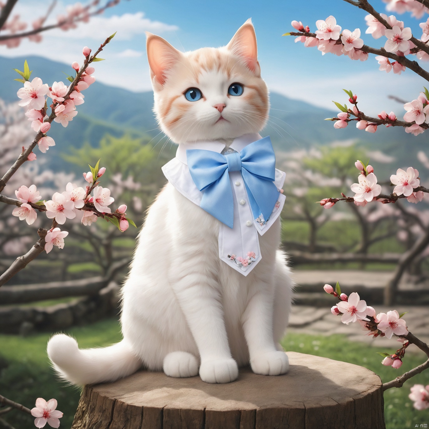 cinematic photo masterpiece,A lovely cat,On the stump.,Peach blossom,Big cat,Lovely,White cat,Blue eyes,Bow knot,Anthropomorphism,Stand,Skirt,,