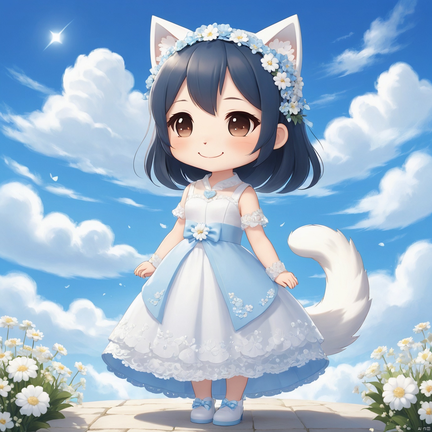 masterpiece,1 girl,chibi,solo,full body,Spirit,Smile,Outdoor,Light blue sky,Clouds,White flower,Cat ear,tail,Wedding dress,textured skin,super detail,best quality,,