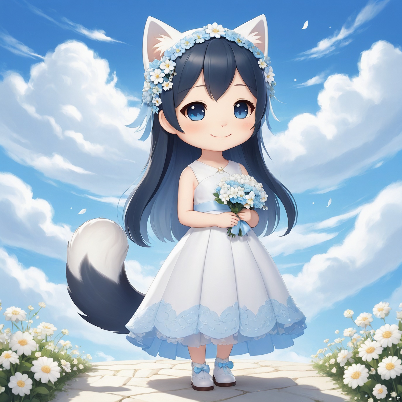 masterpiece,1 girl,chibi,solo,full body,Spirit,Smile,Outdoor,Light blue sky,Clouds,White flower,Cat ear,tail,Wedding dress,textured skin,super detail,best quality,,