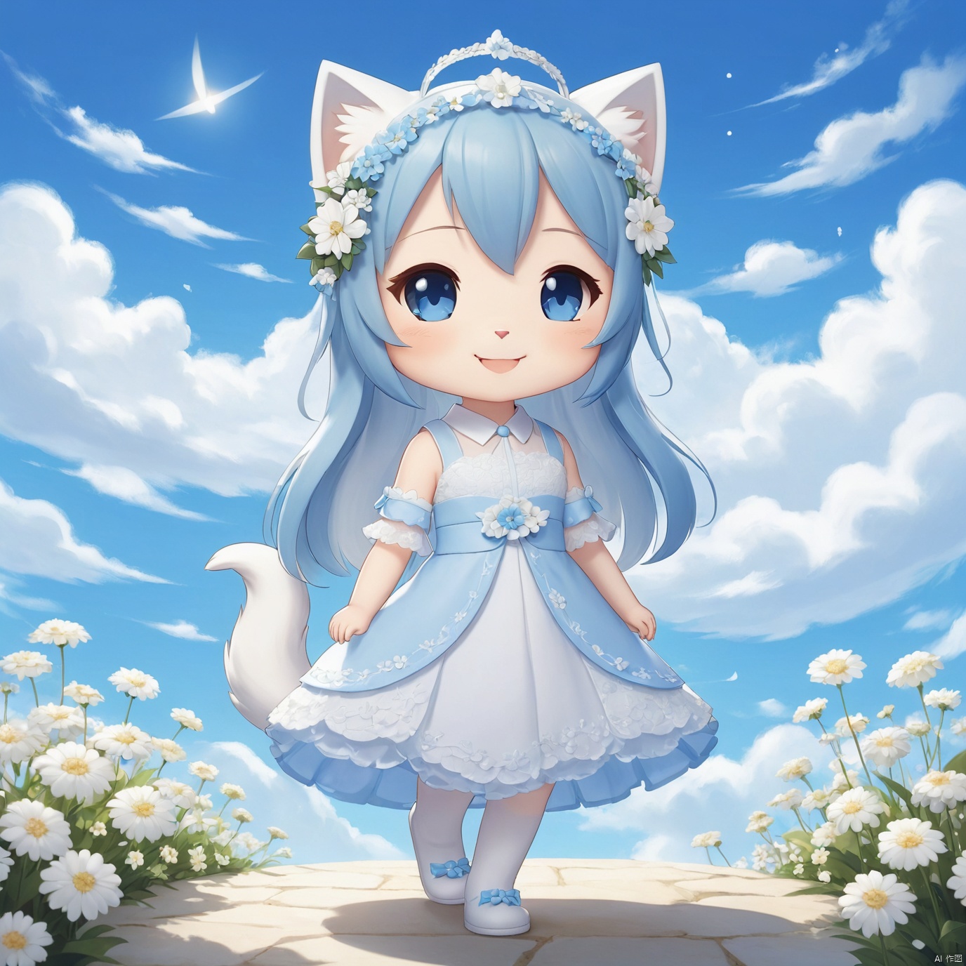 masterpiece,1 girl,chibi,solo,full body,Spirit,Smile,Outdoor,Light blue sky,Clouds,White flower,Cat ear,tail,Wedding dress,textured skin,super detail,best quality,,