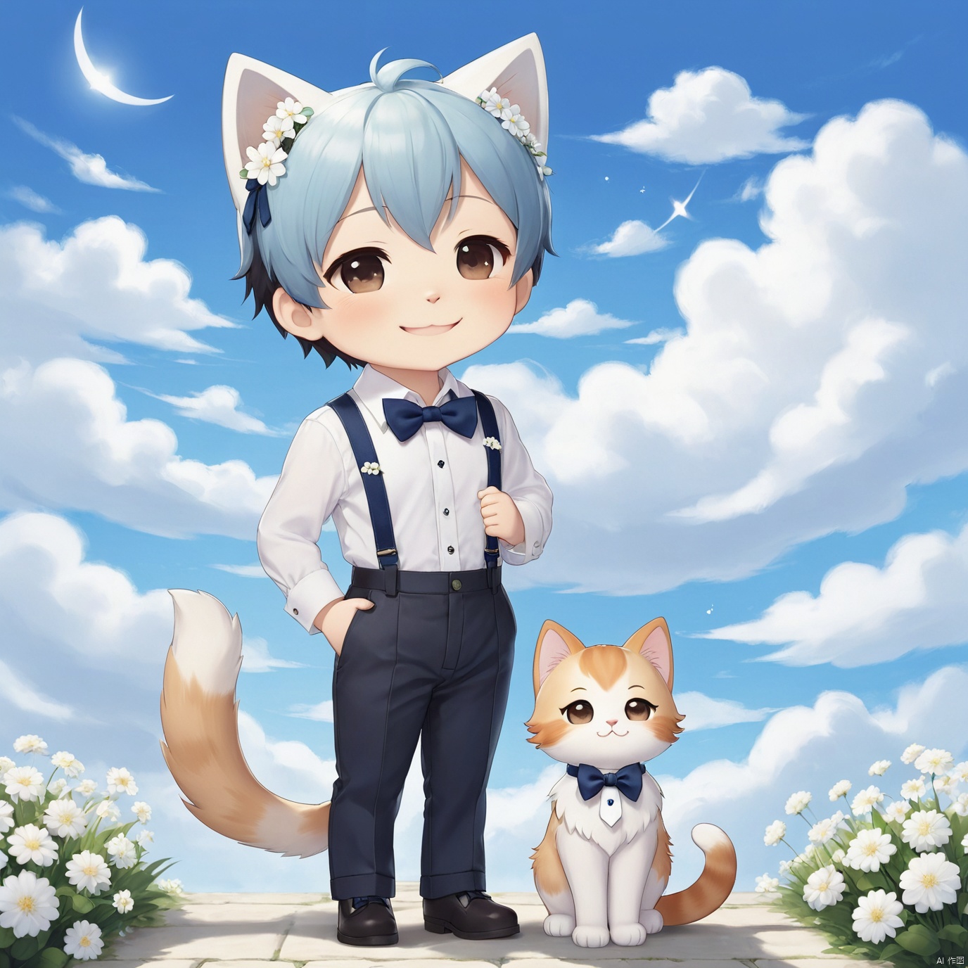 masterpiece, 1 boy, chibi, solo, full body, Spirit, Smile, Outdoor, Light blue sky, Clouds, White flower, Cat ear, tail, Shirt, Bow tie, textured skin, super detail, best quality,