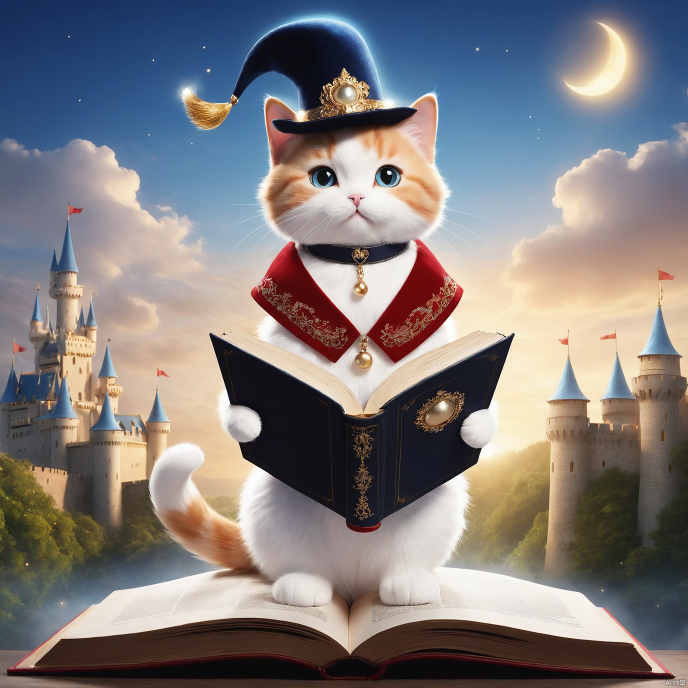 masterpiece,Always a lovely cat.,Standing on an open book,Flight,Elemix,Light particle,In the castle.,Wearing a magic hat.,female cat,Lovely,Large number of particle special effects,,