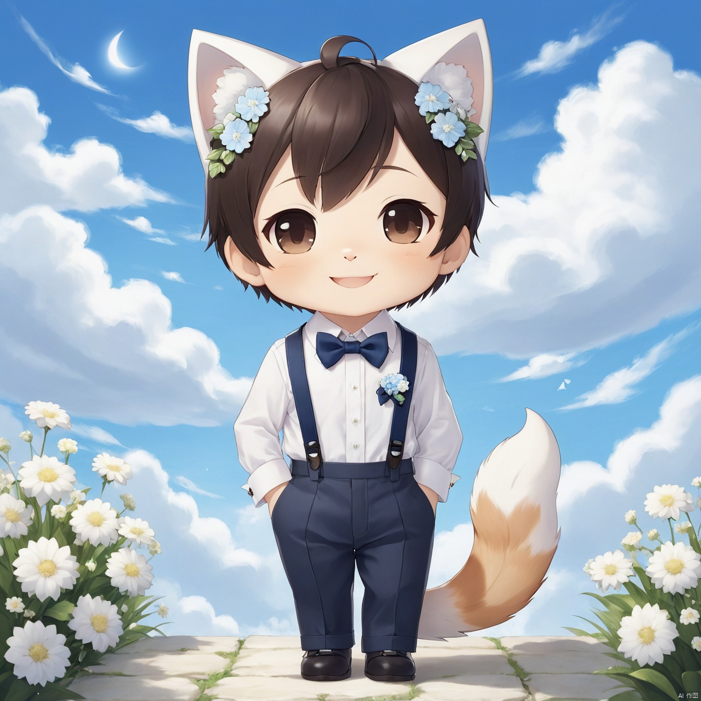 masterpiece, 1 boy, chibi, solo, full body, Spirit, Smile, Outdoor, Light blue sky, Clouds, White flower, Cat ear, tail, Shirt, Bow tie, textured skin, super detail, best quality,