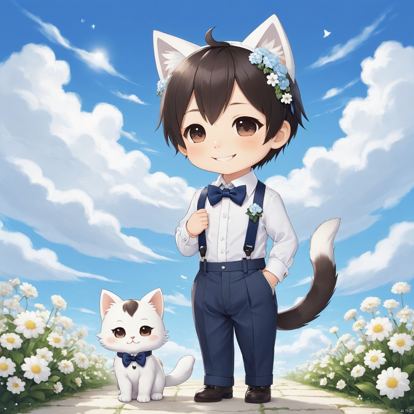 masterpiece, 1 boy, chibi, solo, full body, Spirit, Smile, Outdoor, Light blue sky, Clouds, White flower, Cat ear, tail, Shirt, Bow tie, textured skin, super detail, best quality,