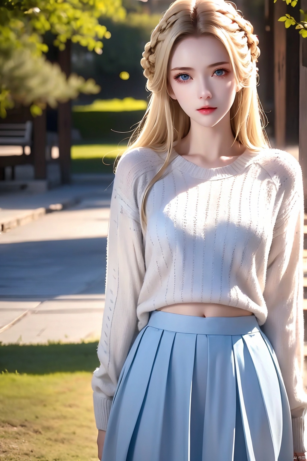 Girl,  Blonde hair and blue eyes, long hair, Light gray slim skirt,  show the whole body,  masterpiece,  best quality,  simple outdoor background,  8k,  Sunny Day,  Wallpaper,  jiangli,  white sweater,<lora:EMS-80191-EMS:0.400000>,<lora:EMS-267987-EMS:0.800000>,<lora:EMS-256020-EMS:0.400000>