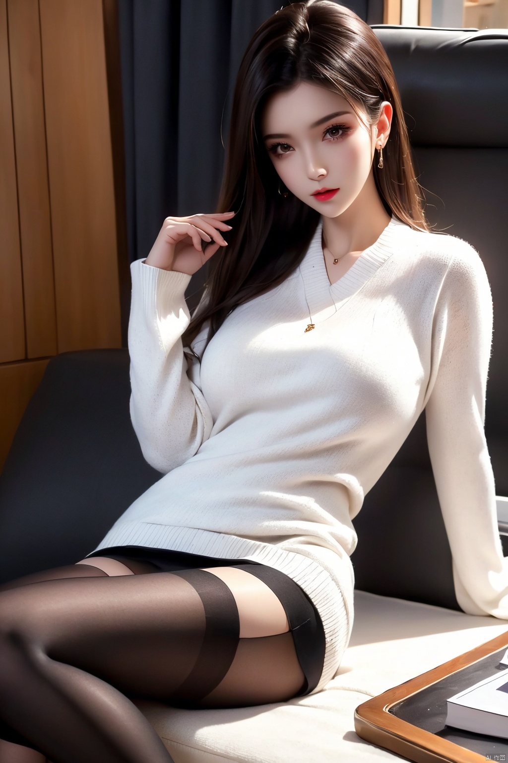 (Masterpiece,  best picture quality),  girl, (Secretary dress,  black stockings),  Office,  colleague,  black pantyhose,  Fake breasts,  1 girl,  white sweater,  xiaoyixian,<lora:EMS-80191-EMS:0.600000>,<lora:EMS-256020-EMS:0.400000>,<lora:EMS-229877-EMS:0.800000>