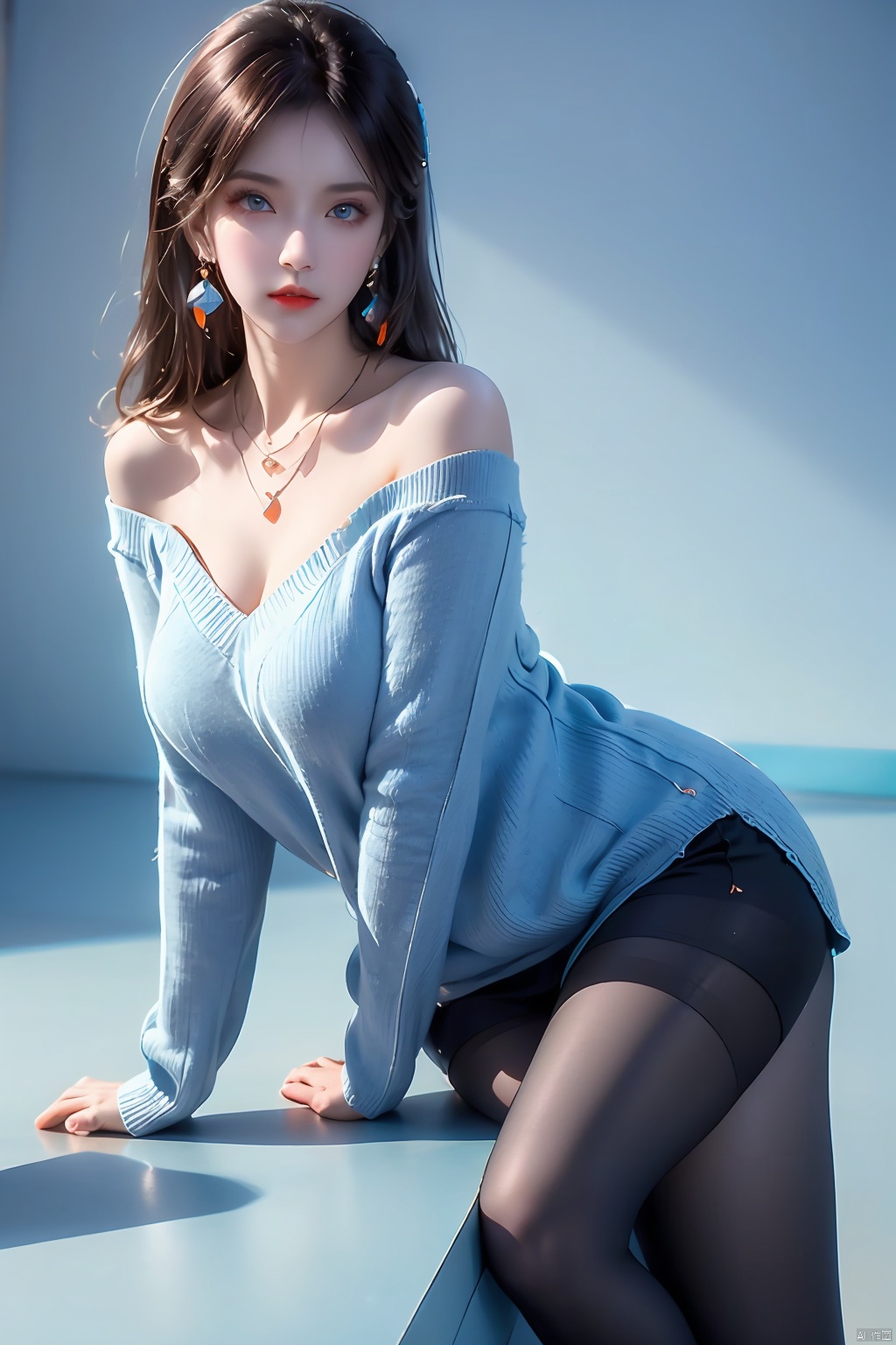 High quality,  masterpiece,  1 girl, Whole body, Pantyhose, high heels, blue eyes, blue,  orange,  red, Blue gemstone earrings,  blue gemstone necklace, Breast crevices,  off shoulder, Orange background,  blue shirt,  black pantyhose,  hm,  white sweater,  xuxin,<lora:EMS-164836-EMS:0.800000>,<lora:EMS-80191-EMS:0.600000>,<lora:EMS-256020-EMS:0.400000>