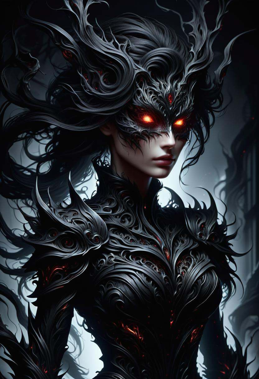 hyper detailed masterpiece, dynamic, awesome quality, DonMN1gh7D3m0nXL female kaled, , made of darkness  <lora:DonMN1gh7D3m0nXL-v1.1-000008:1>