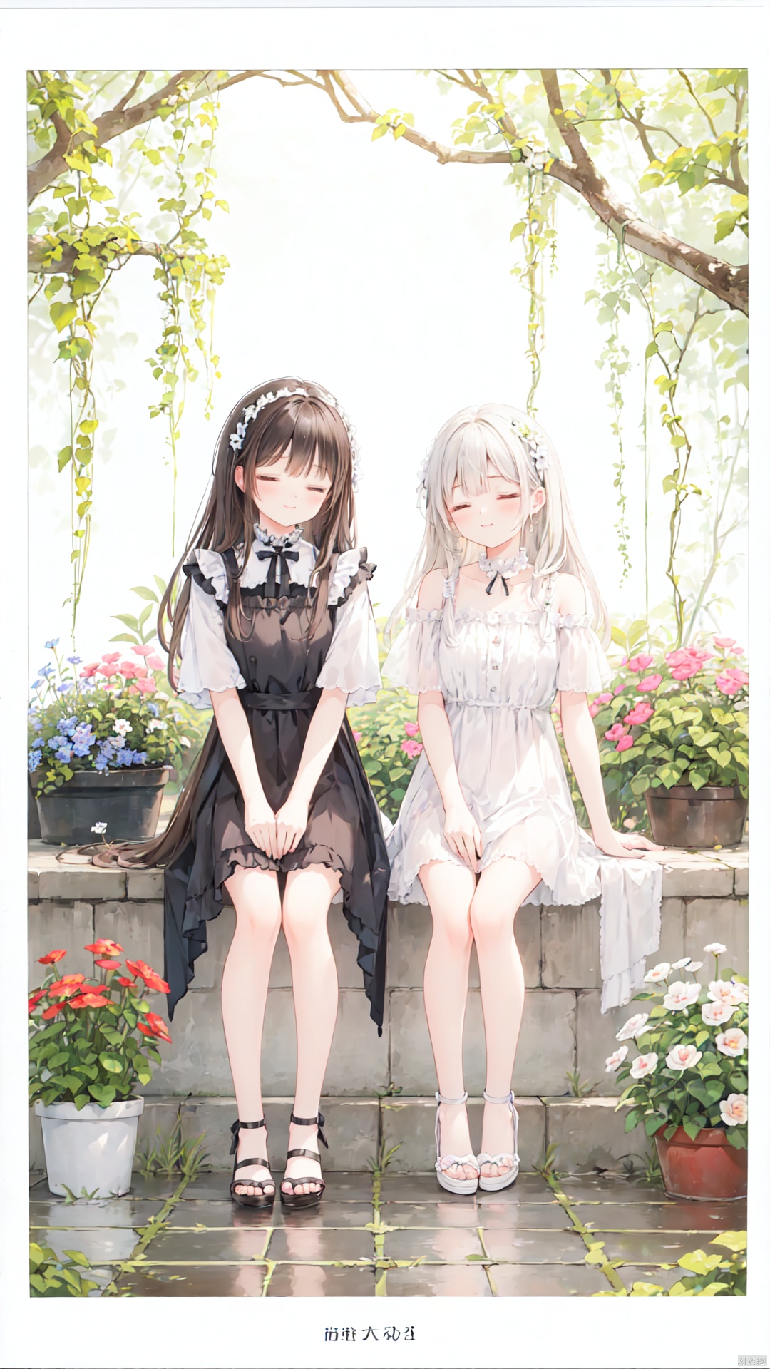 lovely smile,(background with border:1.2),[((floral ornaments,flower stand,Water)Background:1.2)::10], longan,closed eyes,long hair,(2girls:1.2),(multiple girls:1.2),blush,bangs,white background,pale color,knees up,closed mouth,no nose,facing viewer,legs together,(Garden:1.1),Close,
