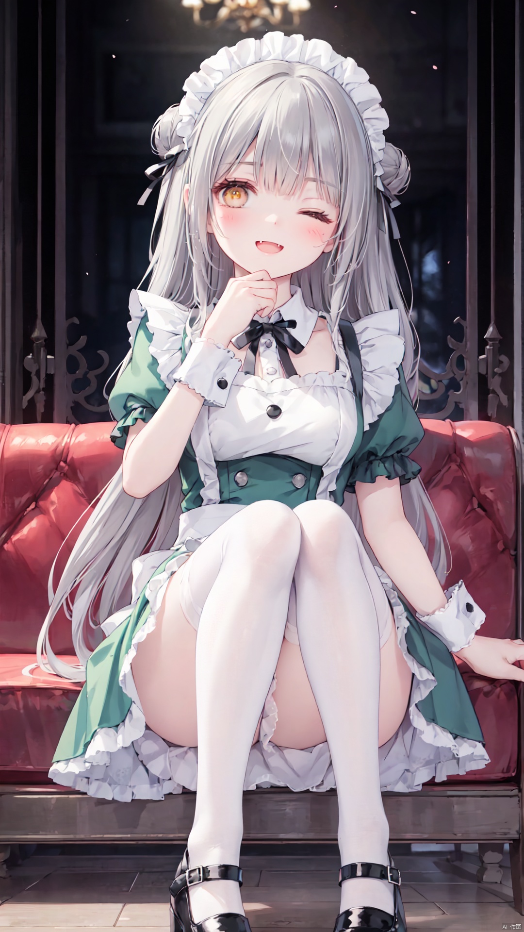 1girl, solo, long hair, one eye closed, thighhighs, white thighhighs, dress, black footwear, sitting, fang, bangs, very long hair, looking at viewer, open mouth, shoes, maid headdress, grey hair, short sleeves, yellow eyes, puffy sleeves, knees up, ribbon, hand up, maid, frills, wrist cuffs, blush, breasts, hair bun, puffy short sleeves, blurry foreground, green dress, detached sleeves,