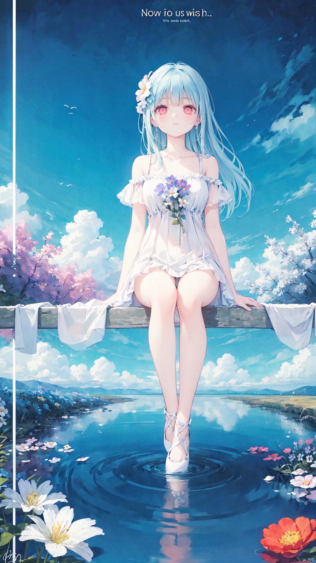 best quality, masterpiece, illustration,(reflection light),incredibly absurdres,(Movie Poster),(signature:1.3),(English text:1.3), 1girl, girl middle of flower,pure skyblue hair, red eyes,clear sky, outside,collarbone, sitting, absurdly long hair, clear boundaries of the cloth, white dress, fantastic scenery, ground of flowers, thousand of flowers, colorful flowers, flowers around her, various flowers