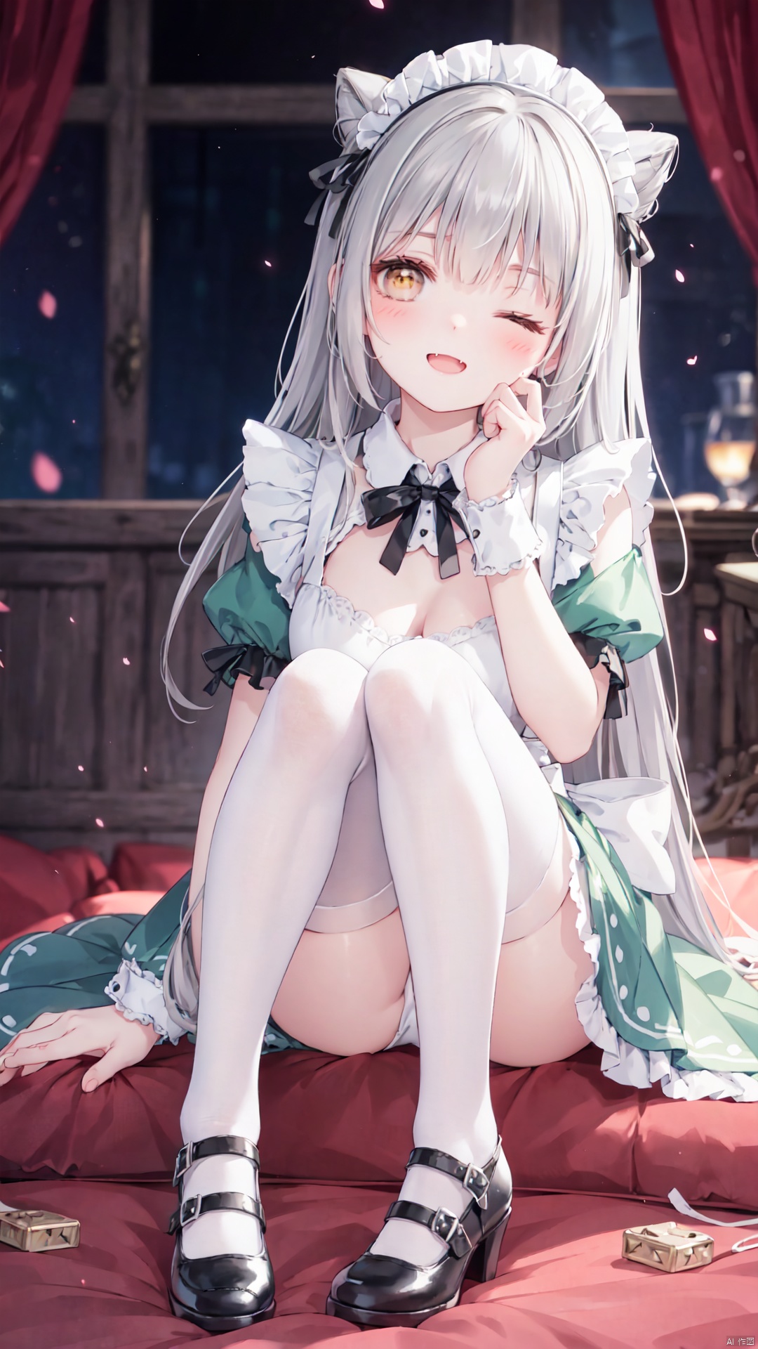1girl, solo, long hair, one eye closed, thighhighs, white thighhighs, dress, black footwear, sitting, fang, bangs, very long hair, looking at viewer, open mouth, shoes, maid headdress, grey hair, short sleeves, yellow eyes, puffy sleeves, knees up, ribbon, hand up, maid, frills, wrist cuffs, blush, breasts, hair bun, puffy short sleeves, blurry foreground, green dress, detached sleeves,