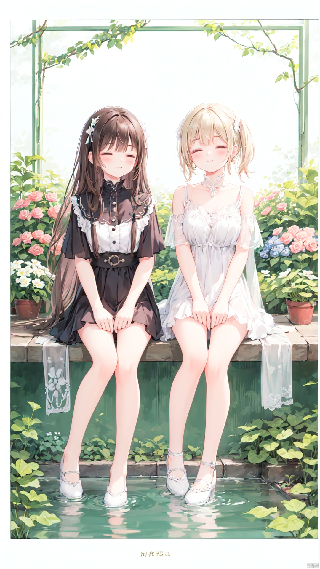 lovely smile,(background with border:1.2),[((floral ornaments,flower stand,Water)Background:1.2)::10], longan,closed eyes,long hair,(2girls:1.2),(multiple girls:1.2),blush,bangs,white background,pale color,knees up,closed mouth,no nose,facing viewer,legs together,(Garden:1.1),Close,