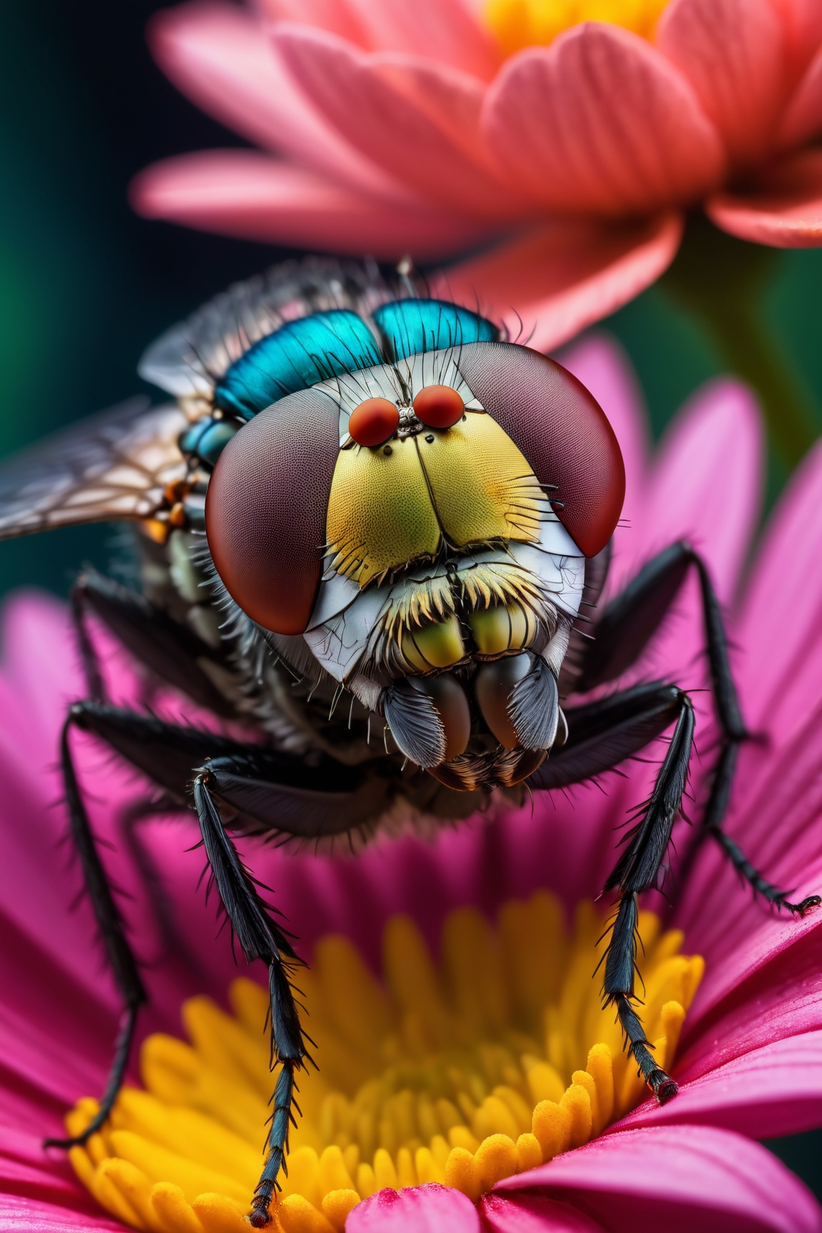 Step into the miniature world with a super close-up macro shot of a fly resting on a colorful flower. The high contrast an...