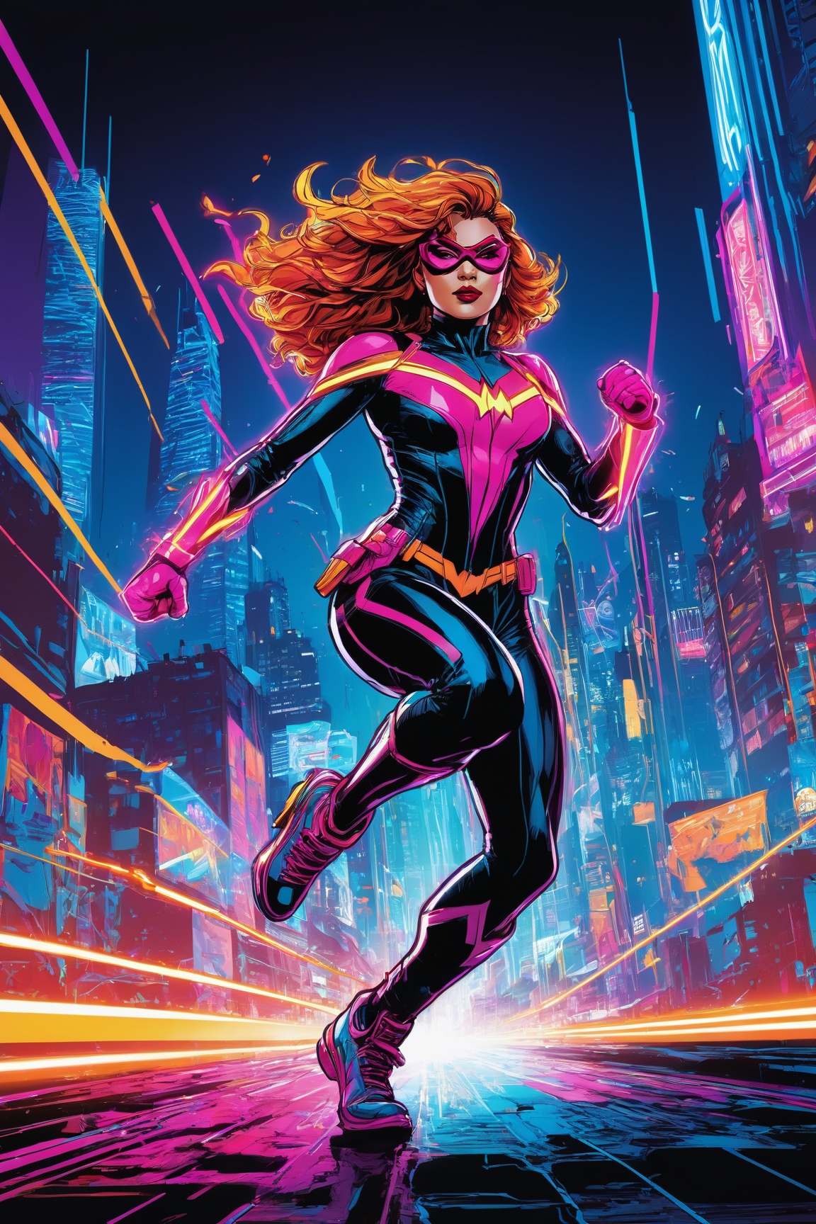 A captivating comic character,  bursting with energy and ready for action,  pops against a vivid cityscape backdrop filled...