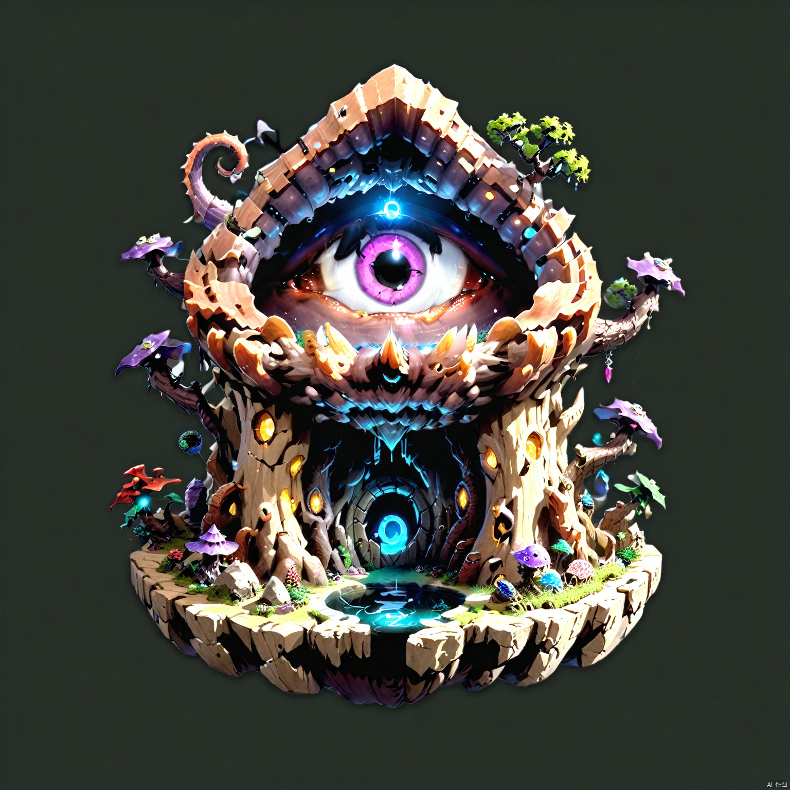 (Fantasy Micro Architecture Island) Floating Circle ((One Eye)), Dungeons & Dragons BEHOLDER Monster, located in a spotlighted cavern, surrounded by void magic