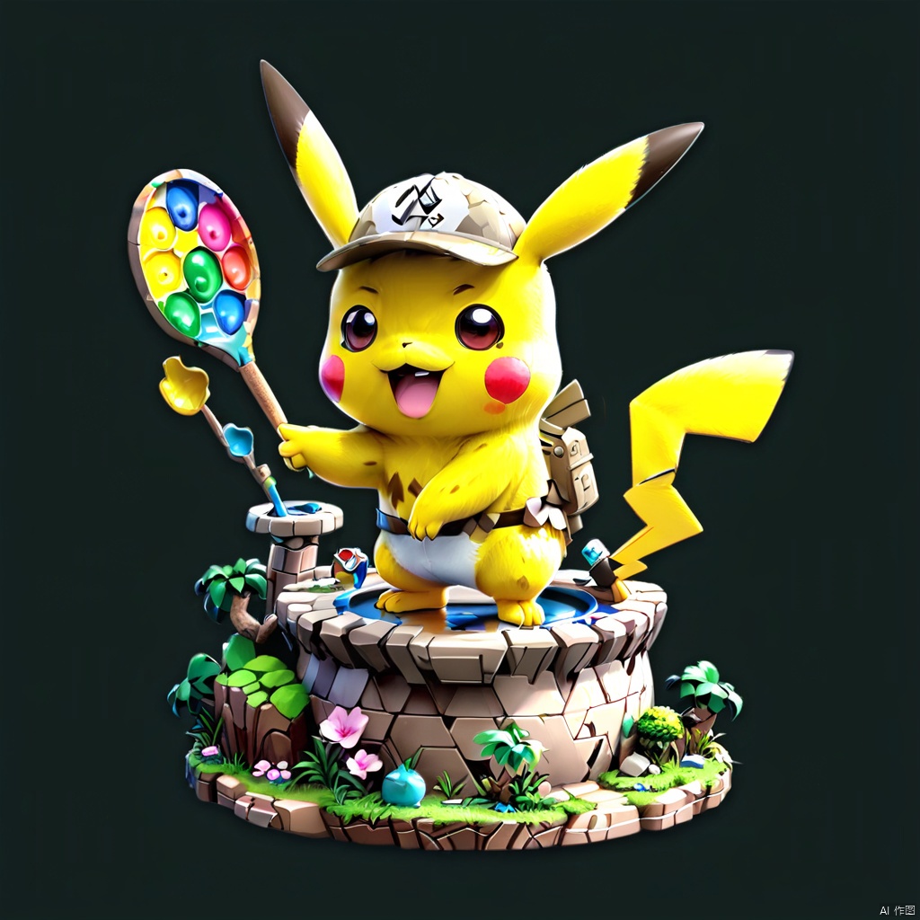(Fantasy Micro Architecture Island) Kawaii Pikachu Painter changes body colors to match his vibrant paintings. Rendered in an animated style, the focus is on the chameleon's adorable big eyes and intricate patterns on his body. Monochrome background