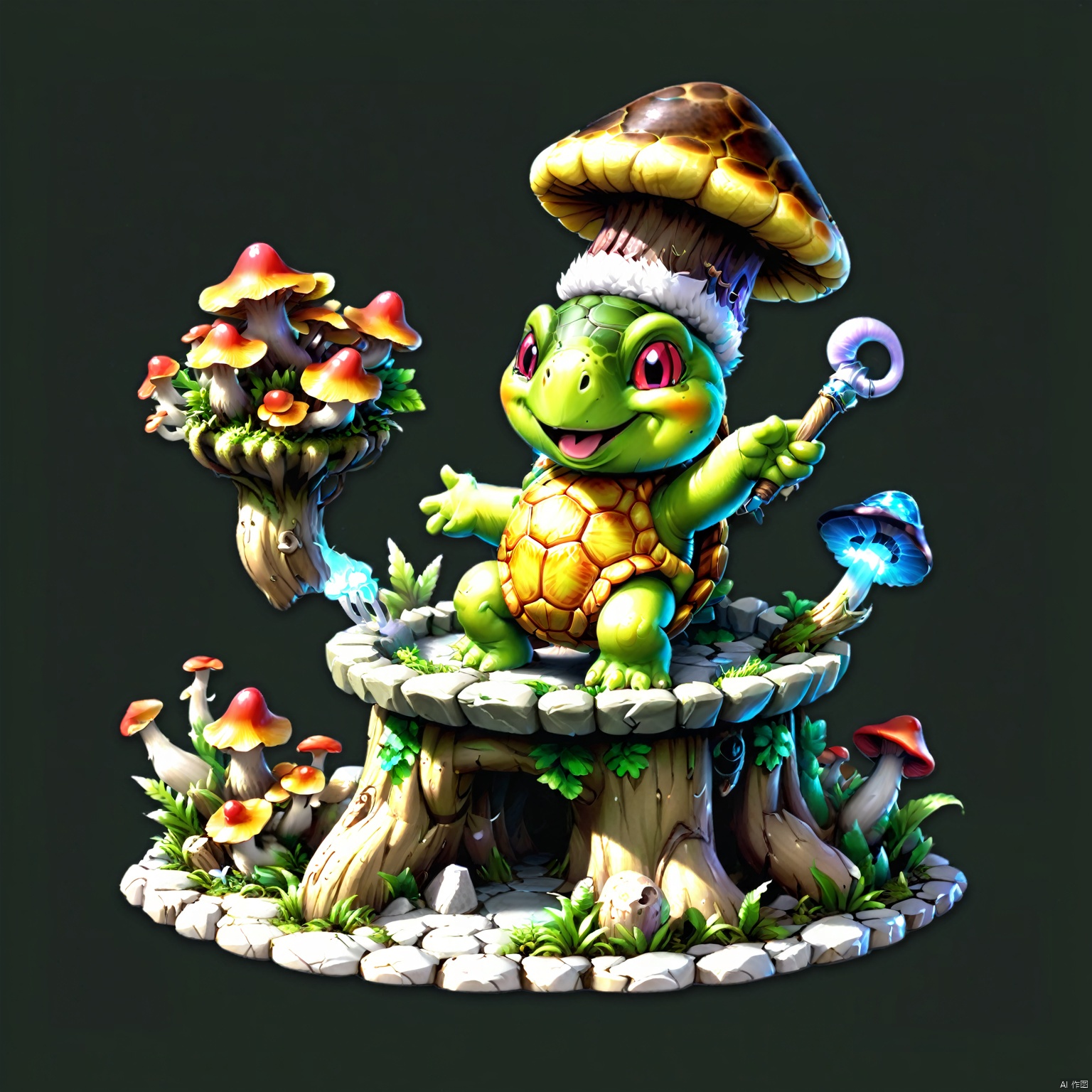 (Fantasy Micro Architecture Island) A happy Jenny Turtle chef changes body colors to match his vibrant paintings. Render it in a realistic style and collect the glowing mushrooms in the fairy ring!