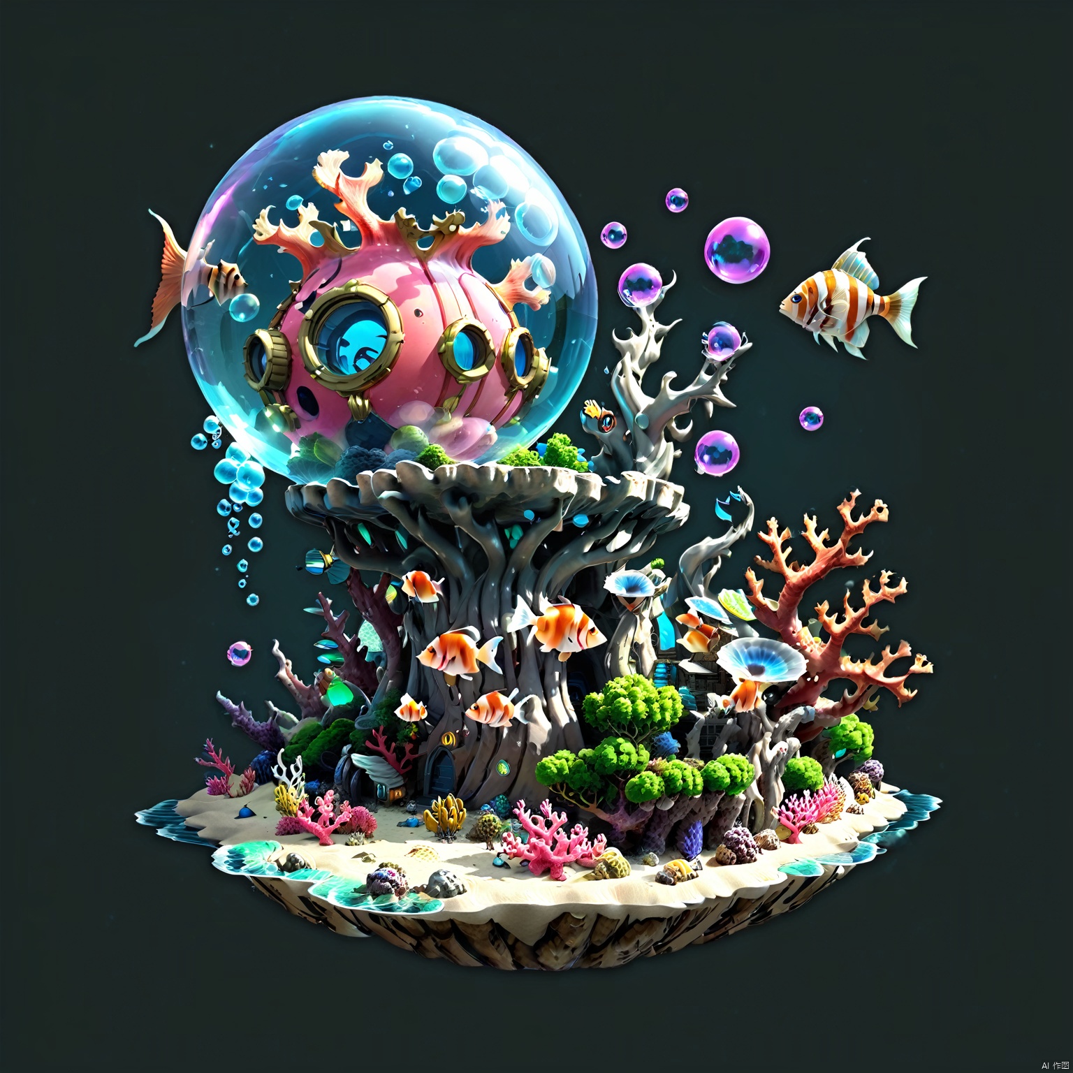 (Fantasy Micro Architecture Island) game cg, (Extreme Complexity: 1.3), (Advanced Colors, Cool) surreal style, undersea coral (Venus Bubble: 1.3) and alien fish, sea foam effect