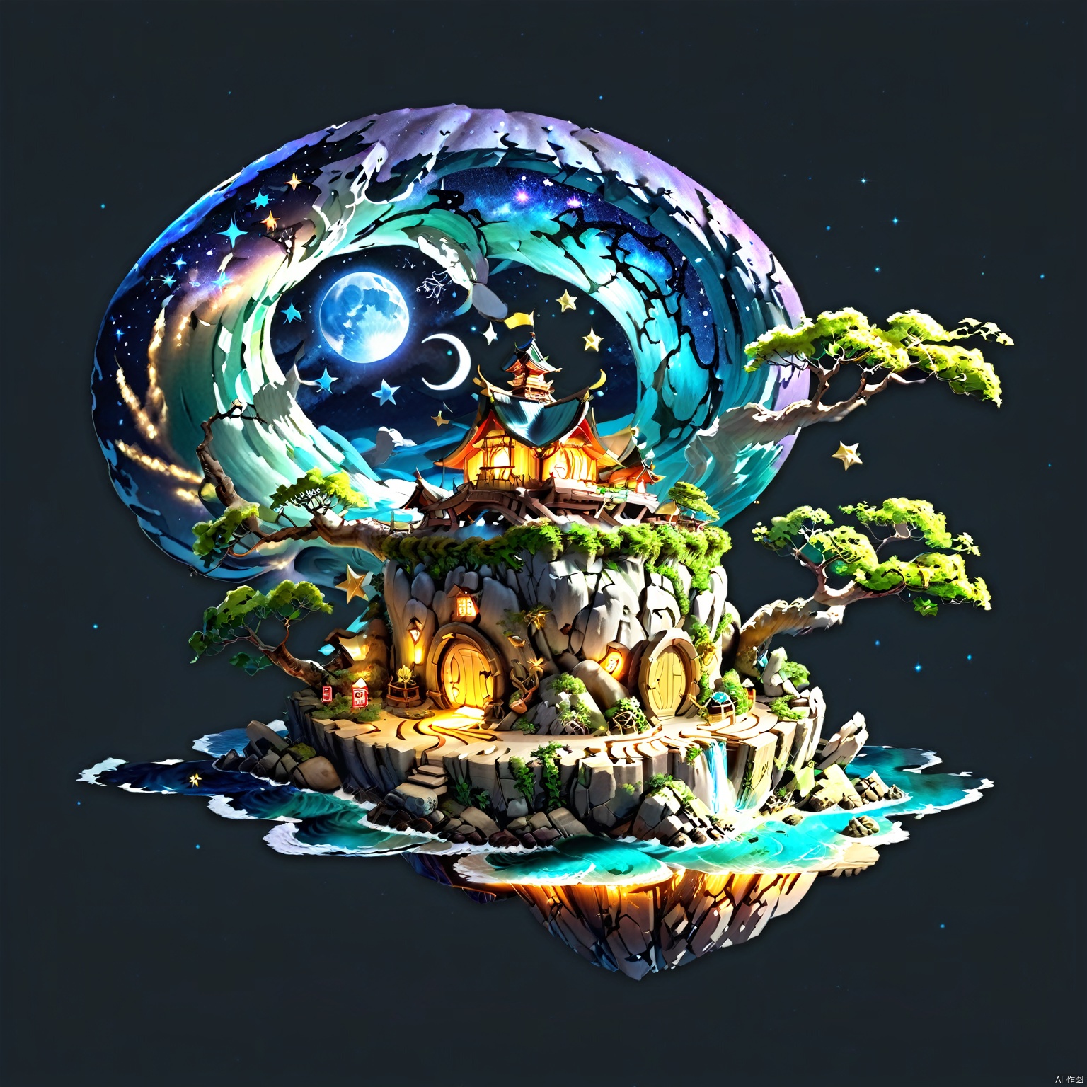 (Fantasy micro-architecture island) (showing the fantasy style of the Kunpeng carrying the island across the starry sky and the sea, with a simple background)
