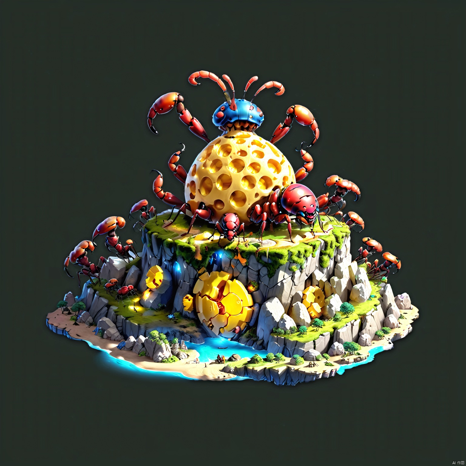 Fantasy Micro Architecture Island (Fantasy Micro Architecture Island) game cg, (Extreme Complexity: 1.3), (Advanced Clear Color) surrealistic style, giant cheese in the mountain with many different kinds of alien golden ants, simple lighting effects