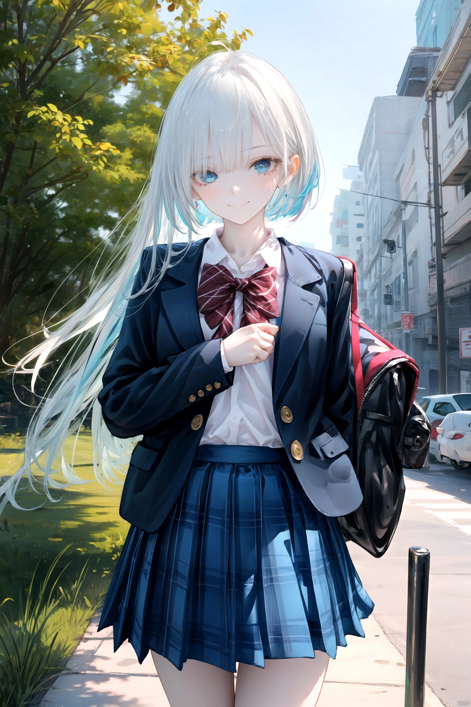  1girl,solo,tender,sister.long_hair,highly detailed eyes,(heterochromia<(ruby eye,blue eye)>,albinism),blazer,blue_jacket,brown_skirt,long_sleeves,plaid_skirt,pleated_skirt,school_uniform,open_clothes,white shirt,open_jacket;;standing,smile,closed_mouth,blush,looking_at_viewer.