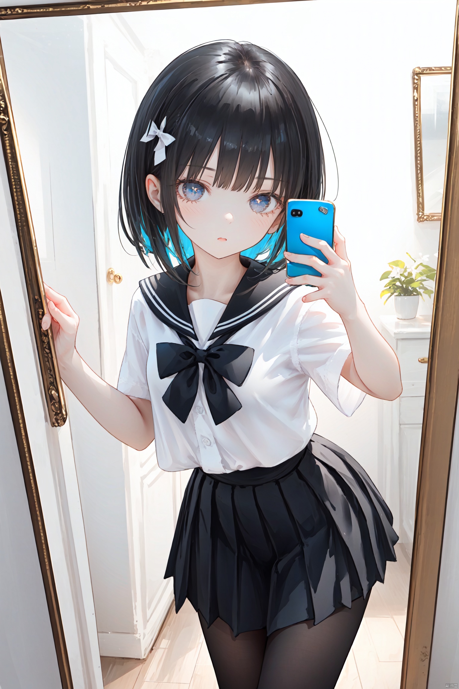 1**** girl,solo.beautiful detailed face;detailed hair(black_long_straight hair);black (sailor_collar),black bow_tie;(too_short (white)_shirt),medium (black) pleated_skirt;perfect slim loli body;mirror selfie;clever_expression,looking at phone.masterpiece,best quality,{best quality},{{masterpiece}},{highres},original,extremely detailed wallpaper,{an extremely delicate and beautiful}.