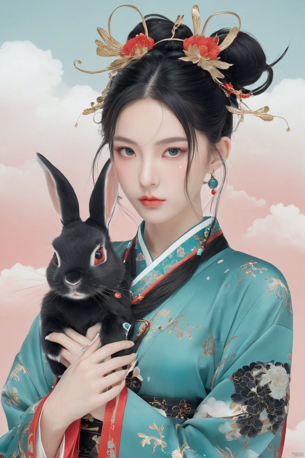  Illustration, digital art, anime style, hubggirl, red eyes, black hair, hair bun with accessories, traditional East Asian attire, rabbit ears headpiece, black and teal clothing, cloud pattern on garment, mystical, two black rabbits, one on shoulder and one in foreground, pale skin, blush on cheeks, serious expression, white background, portrait, upper body shot, artful composition, detailed line art, vibrant color contrast., HUBG_Beauty_Girl, GUOFENG