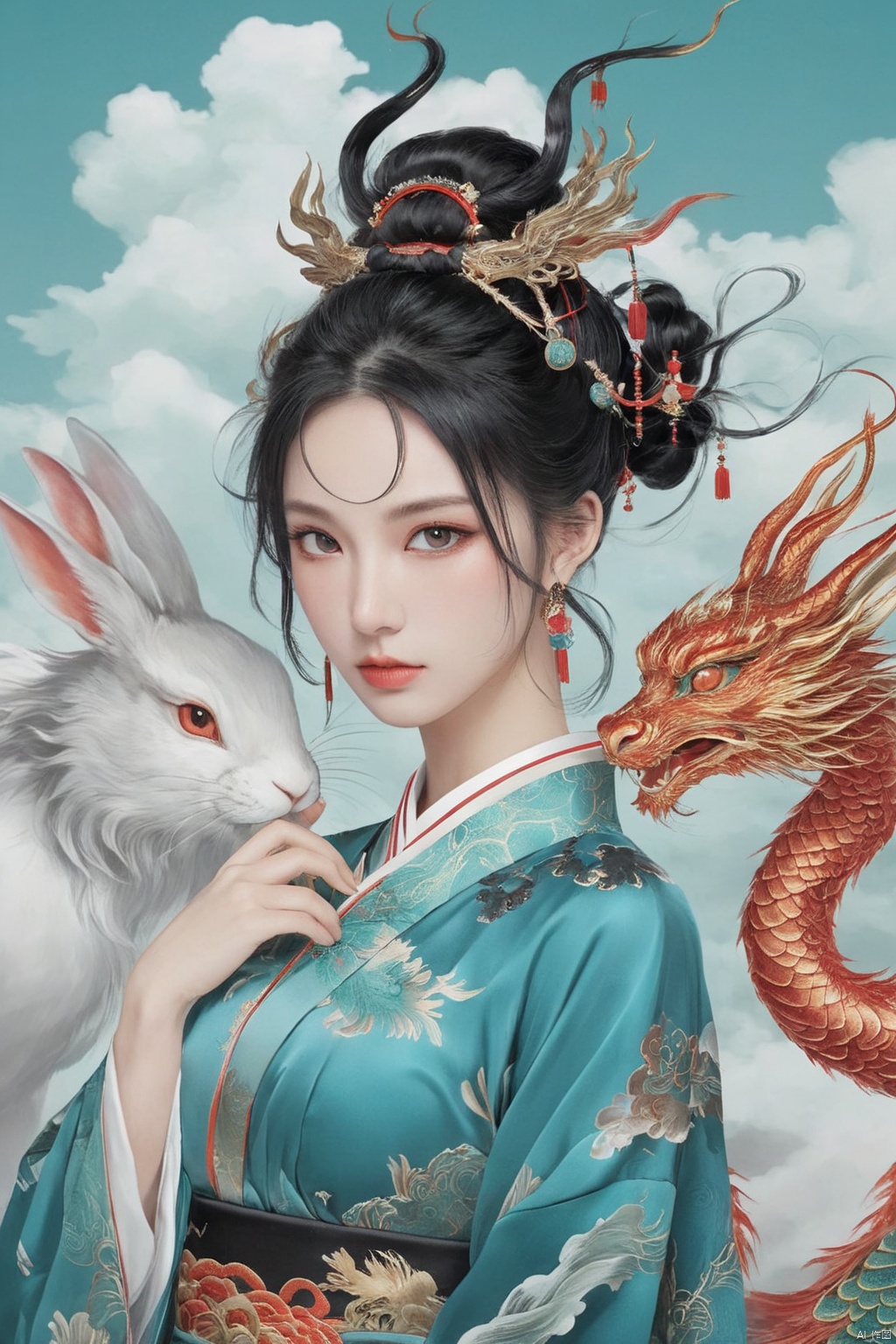 Illustration, digital art, anime style, hubggirl, red eyes, black hair, hair bun with accessories, traditional East Asian attire, rabbit ears headpiece, black and teal clothing, cloud pattern on garment, mystical, two dragons, one on shoulder and one in foreground, pale skin, blush on cheeks, serious expression, white background, portrait, upper body shot, artful composition, detailed line art, vibrant color contrast., HUBG_Beauty_Girl, GUOFENG