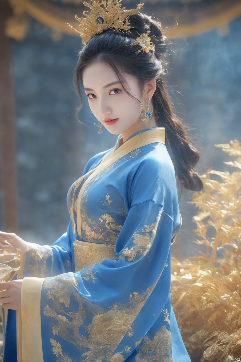  HUBG_Rococo_Style(loanword), 1girl, hanfu, Portrait of noble and graceful goddess, dressed in blue and gold, elaborate coiffure hairstyle, dark hair, decoration, 16K, UHD, HDR, Brilliant scene with bright lights, mist, numerous decorations, joyful atmosphere, light smile,HDR, IMAX, 8K resolutions, ultra resolutions, magnificent, best quality, masterpiece,cinematic scenes, cinematic shots, cinematic lighting, volumetric lighting, ultra-detailed, GUOFENG