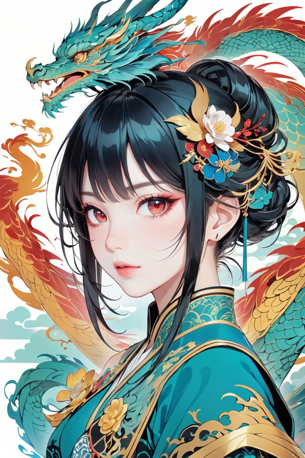  Illustration, digital art, anime style, hubggirl, red eyes, black hair, hair bun with accessories, traditional East Asian attire, rabbit ears headpiece, black and teal clothing, cloud pattern on garment, mystical, two dragons, one on shoulder and one in foreground, pale skin, blush on cheeks, serious expression, white background, portrait, upper body shot, artful composition, detailed line art, vibrant color contrast., HUBG_Beauty_Girl, GUOFENG