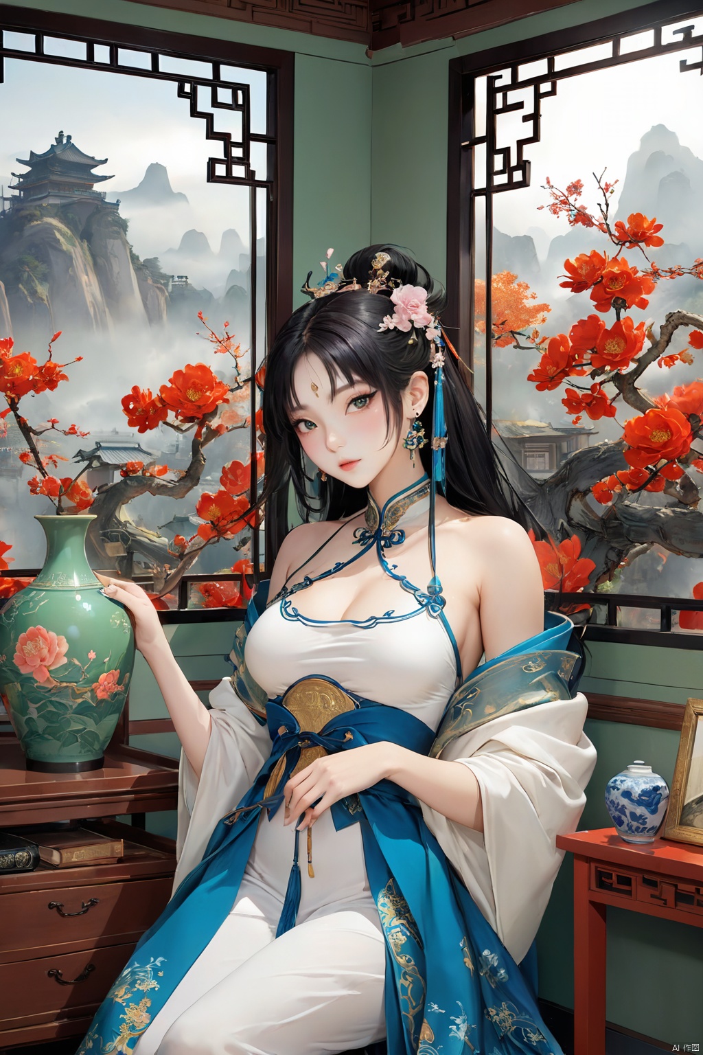  Best quality,realistic,photorealistic,masterpiece,extremely detailed CG unity 8k wallpaper,best illumination,best shadow,huge filesize,incredibly absurdres,absurdres,looking at viewer, transparent,smog,gauze,vase,petals,traditional chinese room,detailed background,wide shot background, 1gilr,Hairpins,hair ornament,slim,narrow waist,Full chest,perfect eyes,beautiful perfect face,perfect female figure,detailed skin,delicate pattern,detailed complex and rich exquisite clothing detail,delicate intricate fabrics,charming,alluring,seductive,erotic,enchanting, hanfu,song style outfits,hanfu, Realistic, GUOFENG, MEINV