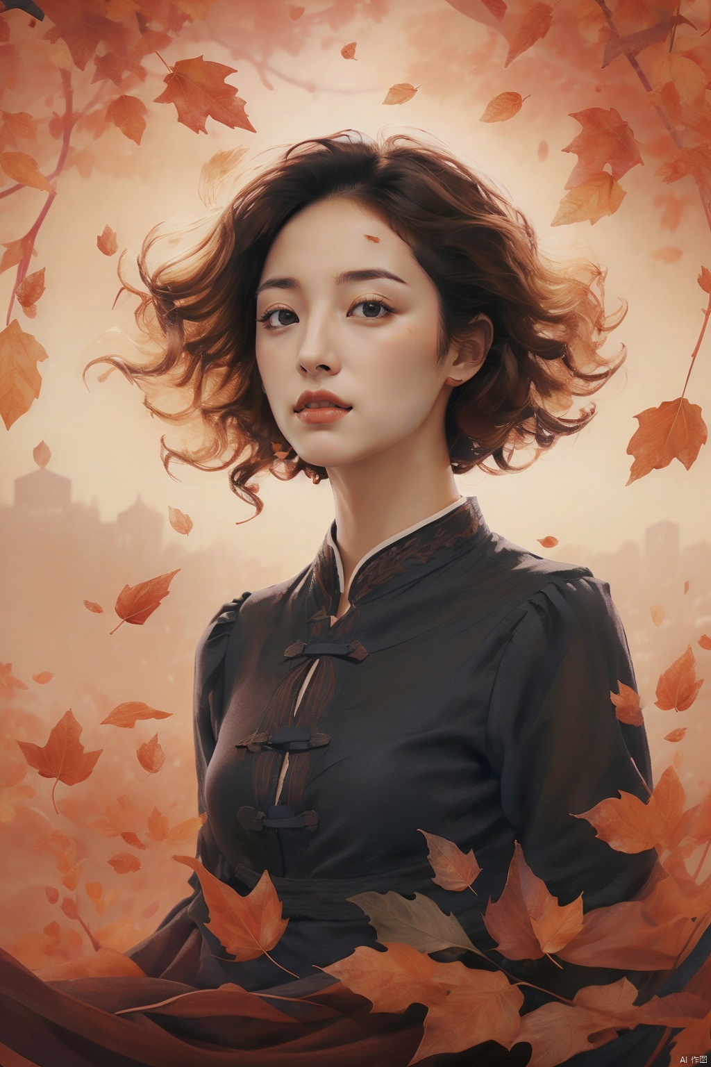  A girl with short black hair,(hongye:1.3),Fallen leaves,, Detail,