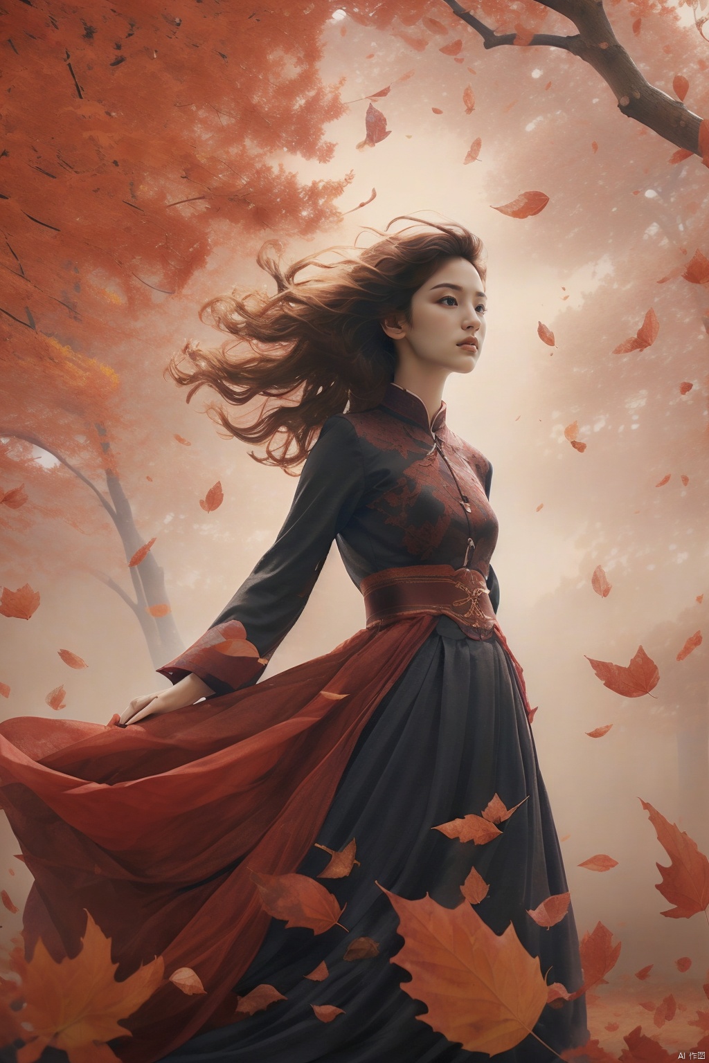  A girl with short black hair,(hongye:1.3),Fallen leaves,Fallen leaves in the wind