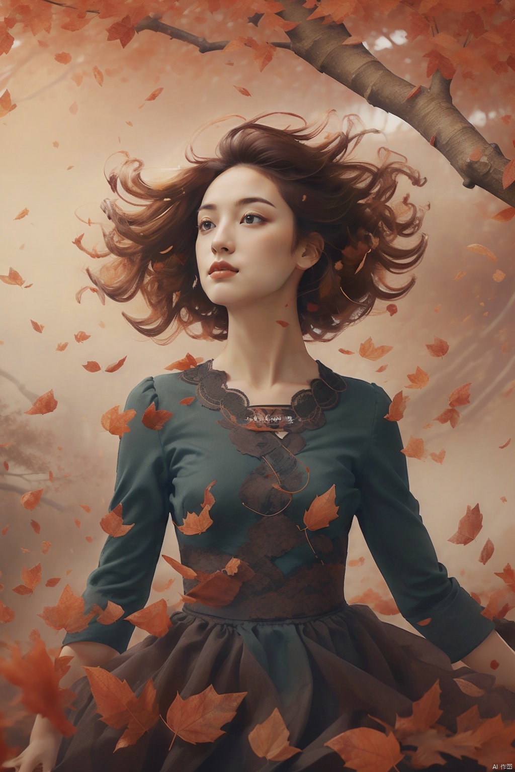  A girl with short black hair,(hongye:1.3),Fallen leaves,Fallen leaves in the wind